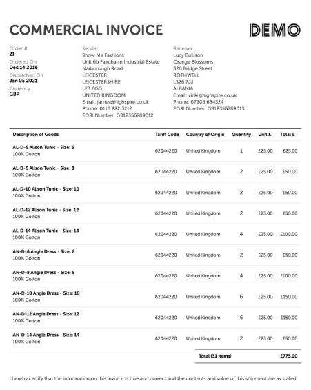 commercial invoice demo