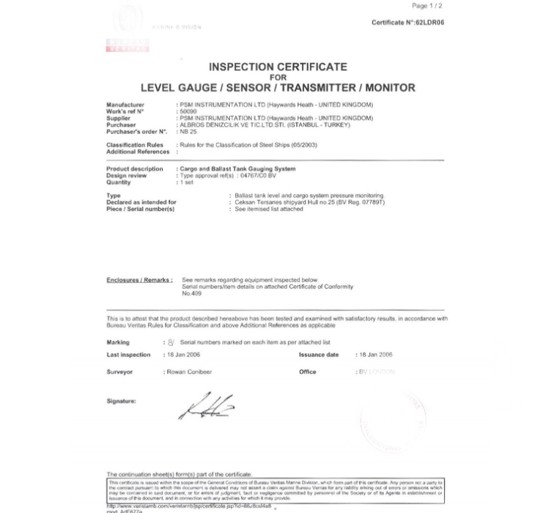 inspection certificate